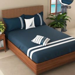 Nautica Coastal Stripe Medblue Cotton 500 TC California King Fitted Bedsheet with 2 Pillow Covers-image-71