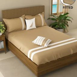 Nautica Coastal Stripe Taupe Cotton 500 TC California King Fitted Bedsheet with 2 Pillow Covers-image-76