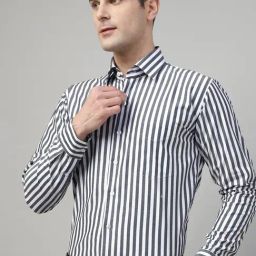Hancock White & Grey Slim Fit Striped Shirt-image-66