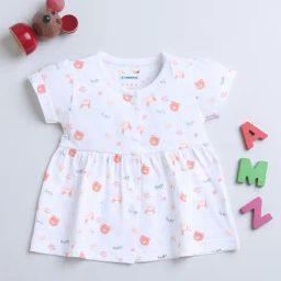 Bumzee Kids White & Peach Cotton Printed Frock-image-92