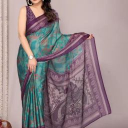 MIRCHI FASHION Turquoise Blue Abstract Printed Saree with Blouse Piece-image-76