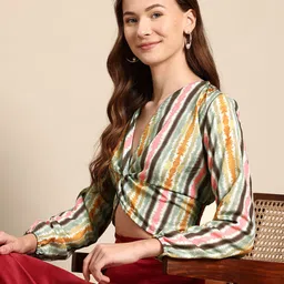 Mast & Harbour Puff Sleeve Twisted Smocked Blouson Crop Top-image-3