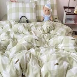 JC HOME Green & White Checked Polycotton 3 Piece Double Extra Large Regular Bedding Set-1