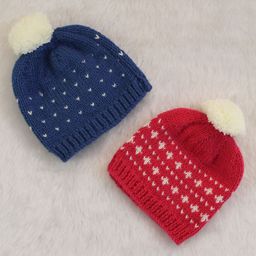Woonie Set Of 2 Embroidered Handmade Bobble Caps - Blue & Pink-36