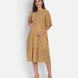 Aaruvi Ruchi Verma Half Flared Sleeves Seamless Flowers Printed Fit & Flare Maternity Dress Maternity Dress With Vertical Concealed Zipper Nursing Access - Yellow-image-9