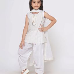 Little Bansi Multi Color Thread Work Short Kurta with Tussel and Lace Work with Patiala Salwar and Kota Doria Dupatta - White-image-42