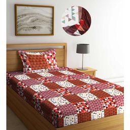Arrabi Brown Geometric TC Cotton Blend Single Size Fitted Bedsheet with 1 Pillow Cover - Multicolour-image-95