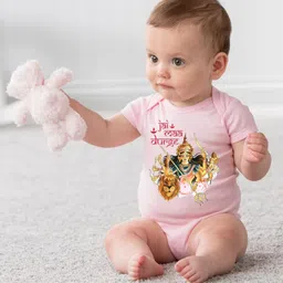 KNITROOT Navratri Theme Half Sleeves Jai Maa Durge Printed Onesie - Pink-picture-1