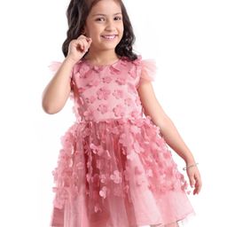Mark & Mia Sleeveless Party Frock With Net & Floral Applique - Pink-image-1