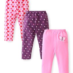 Babyhug Cotton Lycra Full Length Leggings Heart & Butterfly Print Pack of 3 - Multicolour-image-78