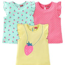 Babyhug Cotton Knit Frill Sleeves Strawberries & Polka Dots Printed T-Shirts Pack of 3 - Multicolor-image-29