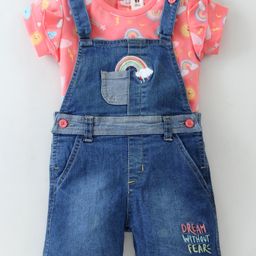 ToffyHouse 100% Cotton Woven Half Sleeves T-Shirt & Dungaree with Rainbow Print & Frill Detailing   - Coral-picture-9