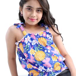 Pine Kids Cotton Sleeveless Butterfly & Floral Printed Top with Bow - Dazzling Blue-image-61