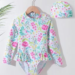 Pine Kids Full Sleeves V Cut Swimsuit with Cap Floral Print -  Multicolor-picture-24