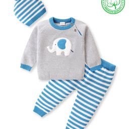 Babyhug Organic Cotton Knit Raglan Sleeves Sweater Set with Cap Stripes & Elephant Patch - Grey & Blue-image-74