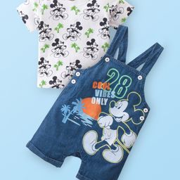 Babyhug Disney 100% Cotton Knit Dungaree & Half Sleeves T-Shirt With Mickey Mouse Print - White & Blue-image-18