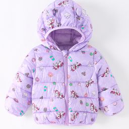 Kookie Kids Full Sleeves Padded Hooded Jacket With Unicorn Print & Ears Applique - Purple-12