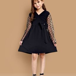 Little Marine Full Sleeves Polka Dots & Bow Detailed A Line Dress - Black-image-94