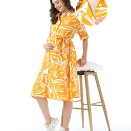 Bella Mama Woven Three Fourth Sleeves Maternity Shirt Dress with Side Pocket Leafy Print -Yellow-image-67