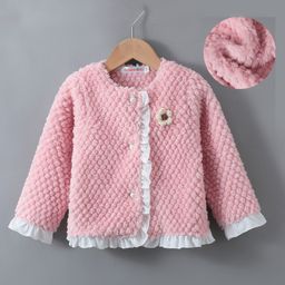 Kookie Kids Full Sleeves Front Open Fur Jacket With Quilted Design & Floral Applique - Pink-image-60