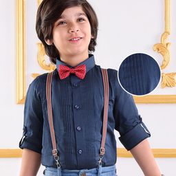 Mark & Mia Full Sleeves Solid Colour Pleated Party Shirt with  Suspender & Bow -  Navy Blue-image-45
