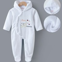 Kookie Kids Full Sleeves Front Open Hooded Footed Romper with Text & Elephant Embroidery - White-image-22
