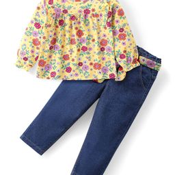 Babyhug Single Jersey Knit Full Sleeves Top & Jeans Set with Frill Detailing Floral Print - Yellow-20