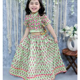 BownBee Pure Cotton Half Sleeves Floral Printed Lehenga Choli - Green-image-36