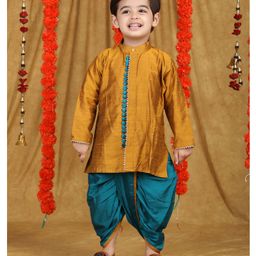 Polka Tots Cotton Full Sleeves Solid Kurta With Dhoti - Golden-image-59
