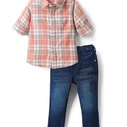 Babyhug Cotton Woven Full Sleeves Checks Shirt & Denim Jeans Set - Peach & Blue-picture-48