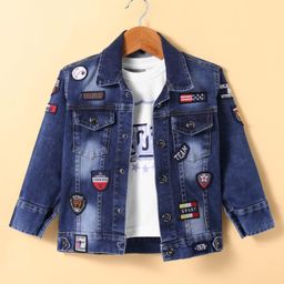 Dapper Dudes Denim Full Sleeves Team Text Patch Embroidered Mild Washed Jacket With Inner Tee - Dark Blue-picture-24