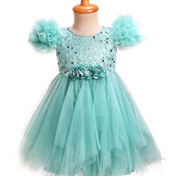 Babyhug Woven Sleeveless Mesh Party Dress With Sequinned Yoke & Ruffles on Sleeves - Sea Green-picture-15