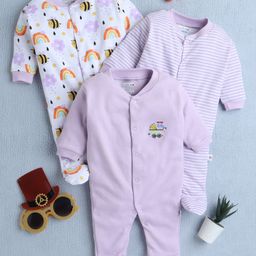 BUMZEE Cotton Knit Full Sleeves Footed Sleep Suits with Rainbow Print & Stripes Pack of 3 - Lavender & White-image-89