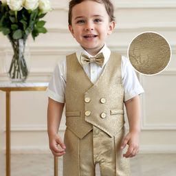 Mark & Mia Woven Half Sleeves Floral Printed Party Romper With Attached Waistcoat & Bow - Brown-image-4