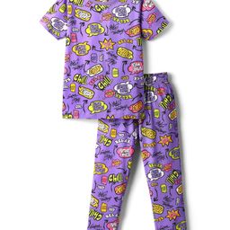 Pine Kids Single Jersey Knit Half Sleeves Co-ord Night Suit with Chill & Relax Text Print - Purple-image-33
