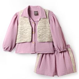 Little Kangaroos Cotton Woven Full Sleeves Solid Color Top & Shorts Set with Jacket - Pink-image-62