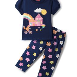 Babyhug Cotton Knit Half Sleeves Night Suit With Fox & Floral Print - Navy Blue-image-92