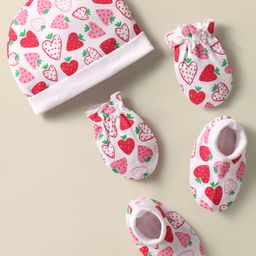 Babyhug 100% Cotton Knit Cap Mittens & Booties Set with Strawberry Print White - Diameter 10.5 cm-image-28