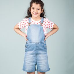 tweeny mini Denim Woven Mild Washed & Distressed Dungaree With Half Sleeves Polka Dots Printed Tee - Light Blue-image-95
