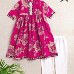 The Magic Wand Cotton Woven Half Sleeves Floral Printed & Gota Lace Embellished Anarkali Style Kurti & Pant Set - Fuchsia-image-91