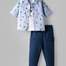 WOW Clothes Cotton Woven Full Sleeves Printed Shirt & Jeans Set With T-Shirt - Light Blue-picture-49