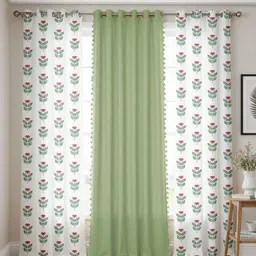 URBAN SPACE Green & White 3 Pieces Floral Printed Pure Cotton Door Curtains-picture-26