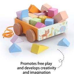 Intellibaby Premium Wooden Pull Along Shape Sorting Cart with Wheels & String for Babies|18 Building Blocks Puzzle|European Safety Certified|Paediatrician Approved image 3