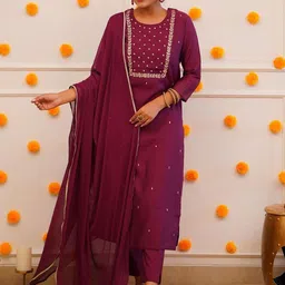 KALINI Ethnic Motifs Embroidered Round Neck Straight Kurta With Trousers And Dupatta-image-57