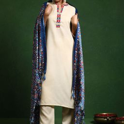 Varanga Embroidered Thread Work Mandarin Collar Straight Kurta with Trousers & Dupatta-15
