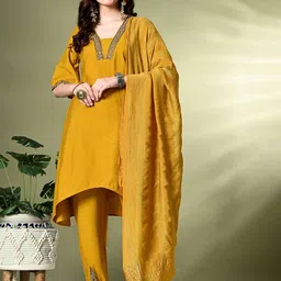 KALINI Yoke Design Beads And stones V-Neck A-Line Kurta WIth Dhoti Pants And Dupatta-image-8