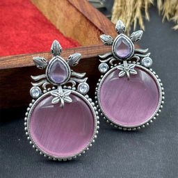 NAMAN ARTS Silver-Plated Stones Studded Circular Oxidised Drop Earrings-52