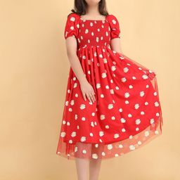 STARWORD Girls Floral Printed Smocked Pleated Fit & Flare Midi Dress-40