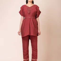 SARSO Embroidered Extended Sleeves Peplum Top & Trousers With Blet-picture-30