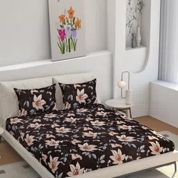 hargunz Brown And Peach Floral Printed 350 TC Wool Queen Bedsheet Set 1.98 m x 1.82 m-image-77